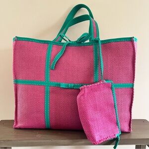 Ralph Lauren Pink Tote with Green Trim and Matching Pouch
